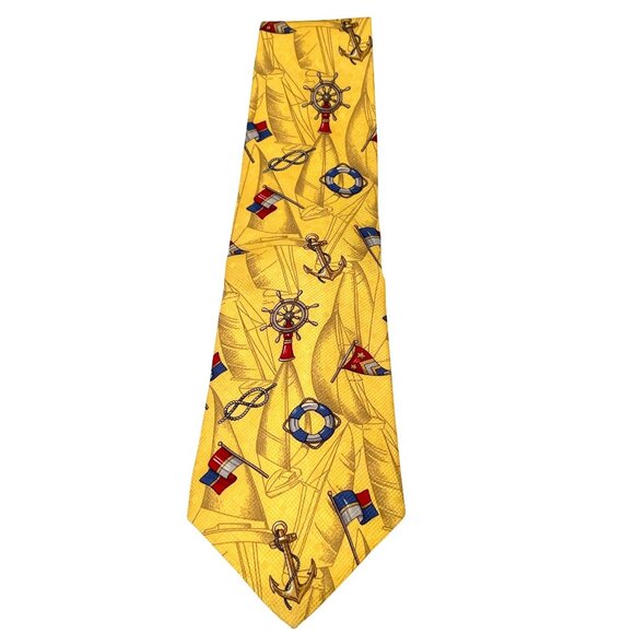 Evan-Picone Sport Nautical Yacht Club Yellow Tie 100% Silk Anchors Flags Men's - Picture 2 of 7
